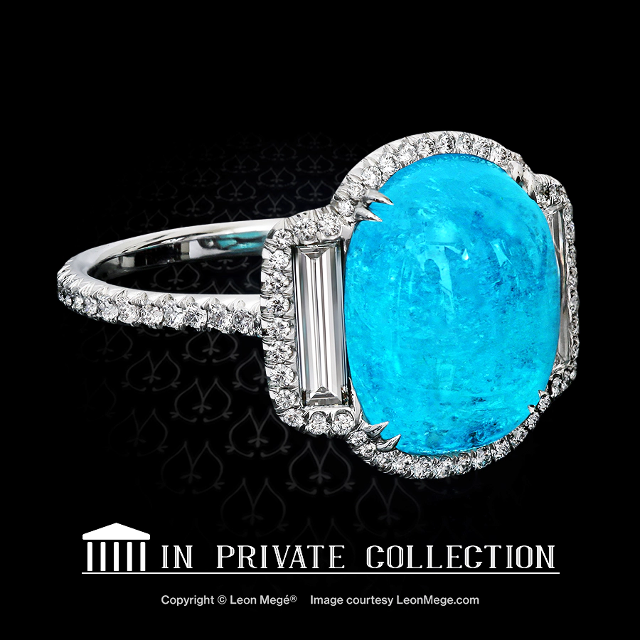 Leon Megé bespoke Montpassier™ right-hand ring with Brazilian Paraiba cab and diamond baguettes framed by micro pave r1328