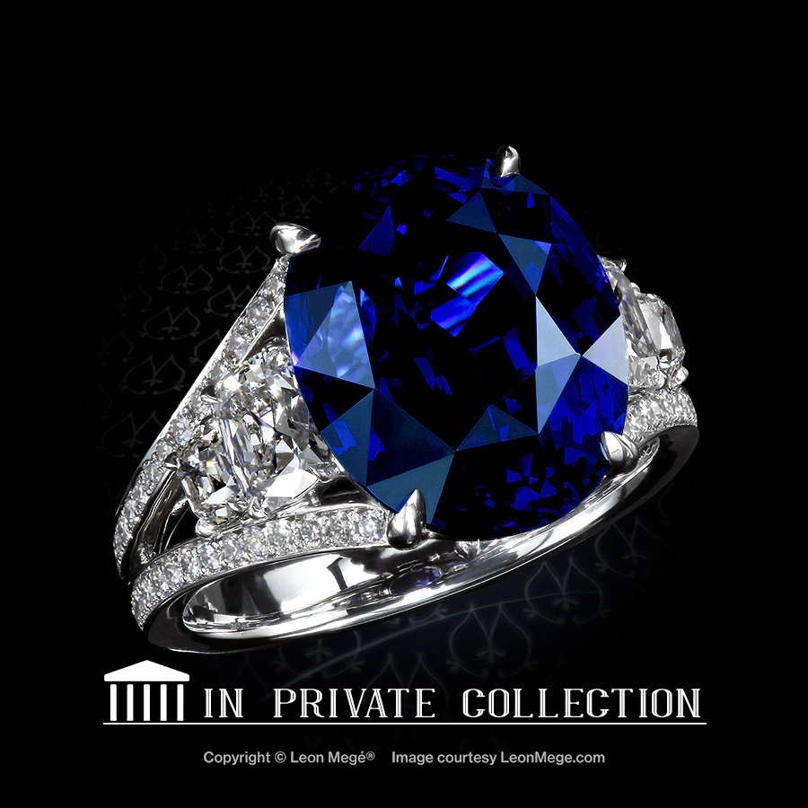 Leon Megé bespoke statement ring with a Burmese sapphire and True Antique™ cushion diamonds r7706