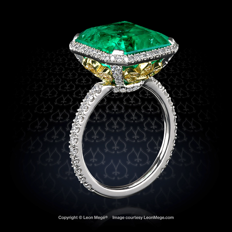 Leon Megé bespoke statement ring with a certified Colombian emerald with micro pave and fleur-de-lis fancy yellow diamond accents r8382