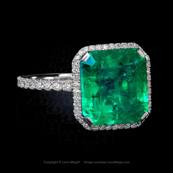 Leon Megé bespoke statement ring with a certified Colombian emerald with micro pave and fleur-de-lis fancy yellow diamond accents r8382