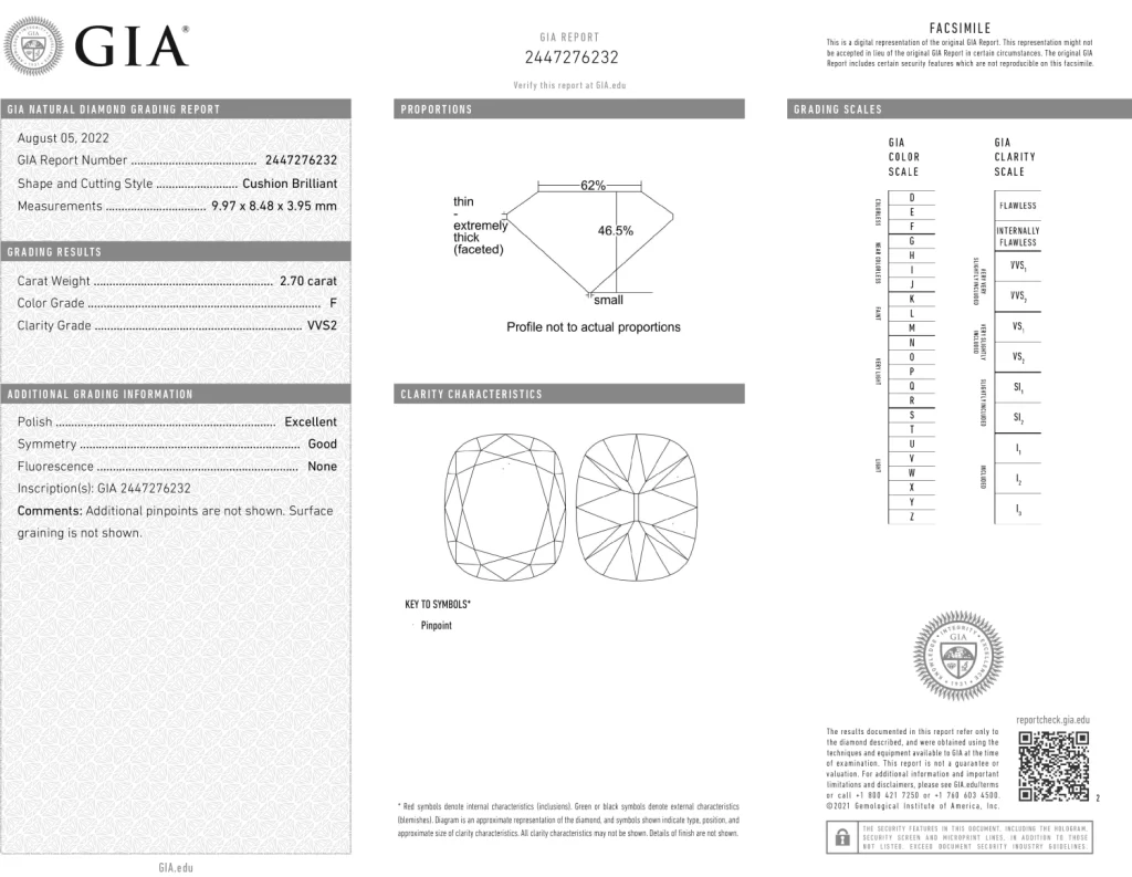 2.70 ct F/VVS2 true antique cushion diamond GIA 2447276232