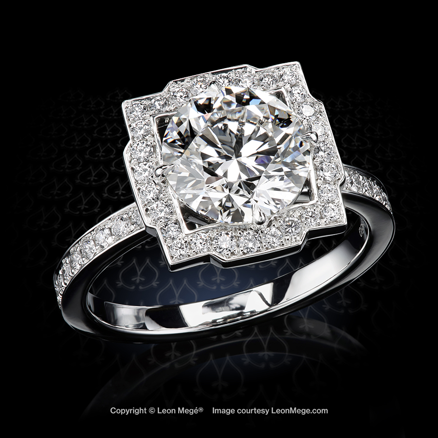Leon Megé Art Deco engagement ring with a round diamond in a fancy halo with bright-cut pave r8621