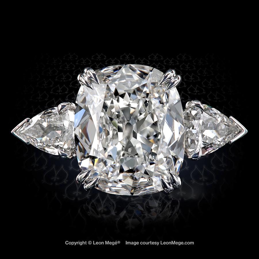 Leon Megé three-stone ring with a True Antique™ cushion diamond and pear shapes in platinum r8613