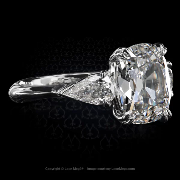 Leon Megé three-stone ring with a True Antique™ cushion diamond and pear shapes in platinum r8613