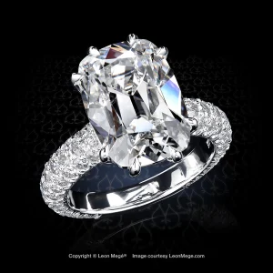 Leon Megé 403™ bespoke engagement ring with an elongated True Antique™ cushion diamond in claw prongs and fabulous pave r8618