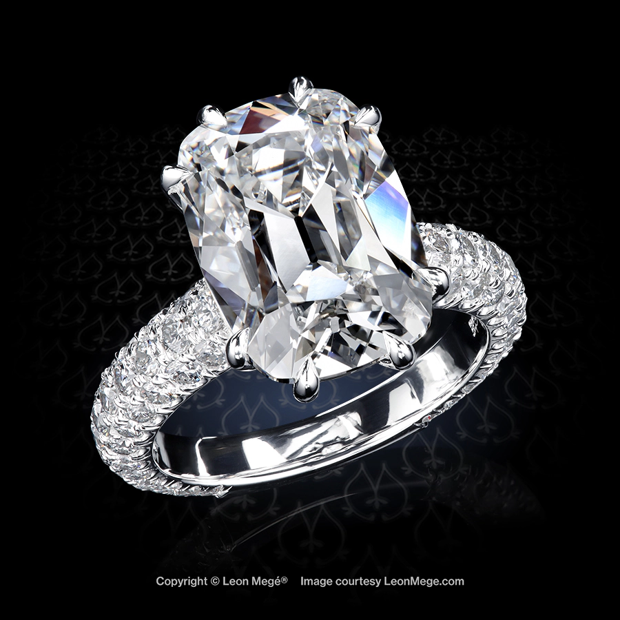 Leon Megé 403™ bespoke engagement ring with an elongated True Antique™ cushion diamond in claw prongs and fabulous pave r8618