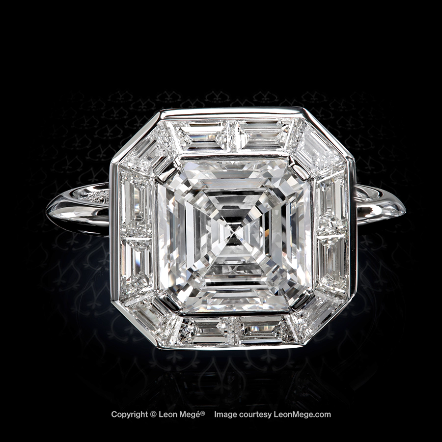 Leon Megé precision-forged Asscher-cut ring with a frame of diamond baguettes in platinum setting r8630