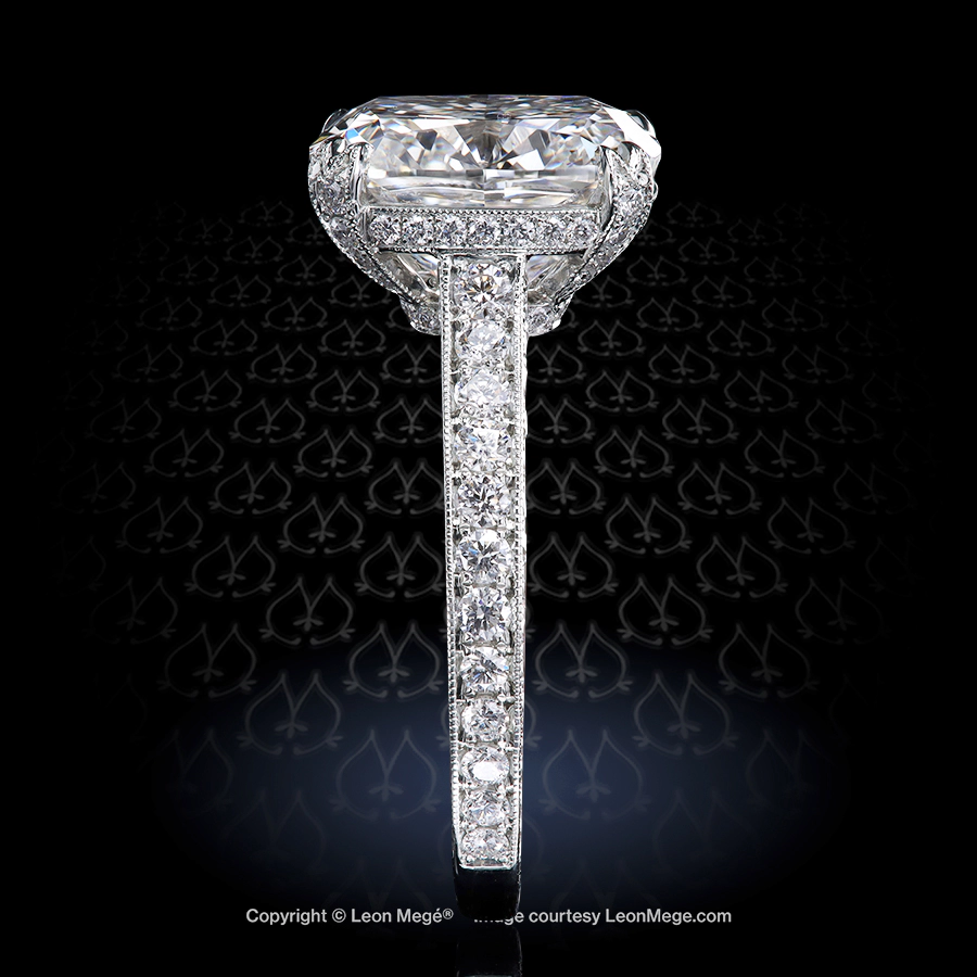 Leon Megé 313™ solitaire with a cushion diamond and a shimmering arrangement of bright-cut pave r8258