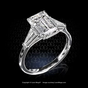 Leon Megé three-stone ring with emerald-cut diamond and tapered baguettes in platinum r8549
