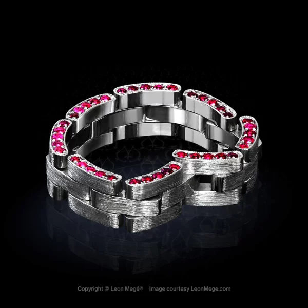 Leon Megé unisex hinged brushed platinum wedding band with natural rubies r4760
