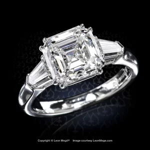 Leon Megé Asscher cut diamond in a bespoke three-stone precision-forged ring with step-cut bullets r8681