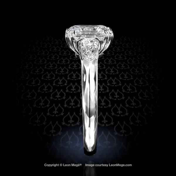 Leon Megé Asscher cut diamond in a bespoke three-stone precision-forged ring with step-cut bullets r8681