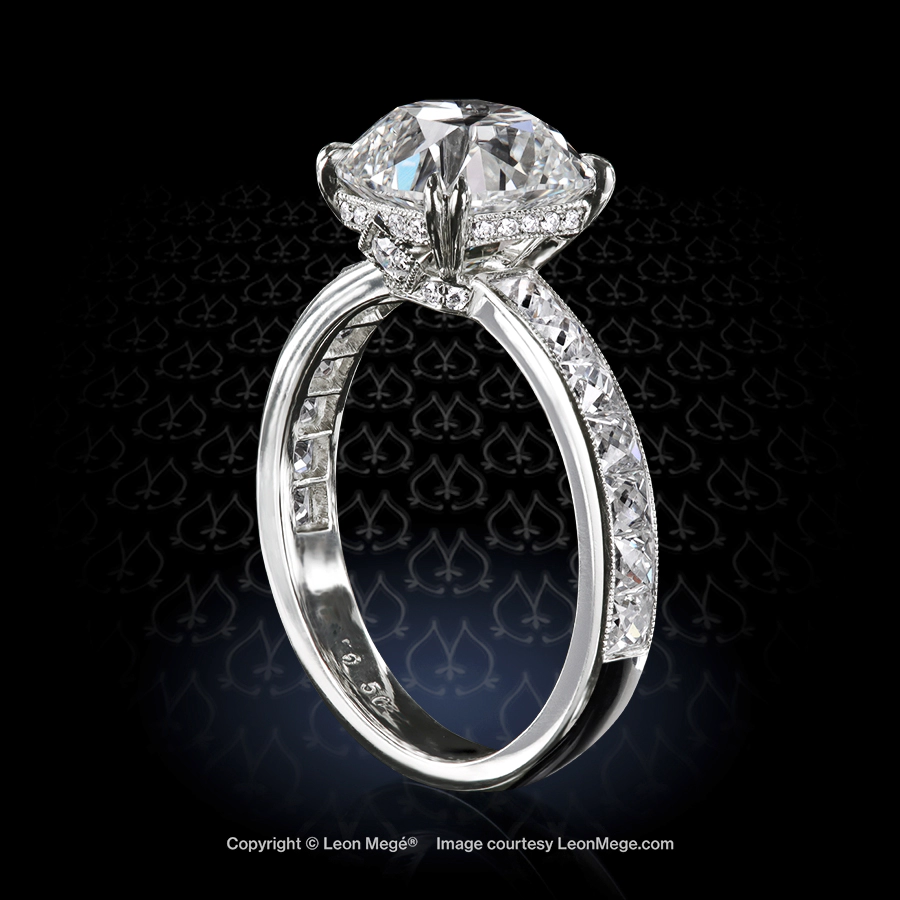 Leon Mege bespoke diamond ring with a True Antique™ cushion diamond and channel-set French cut diamonds r8697