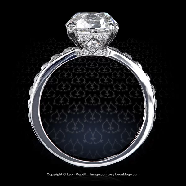 Leon Mege bespoke diamond ring with a True Antique™ cushion diamond and channel-set French cut diamonds r8697