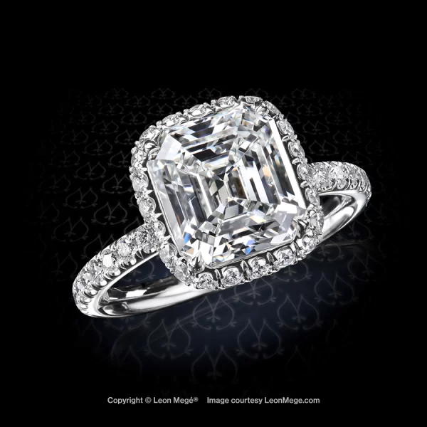 Leon Megé 811™ halo engagement ring with an Asscher cut diamond and micro pave r8690