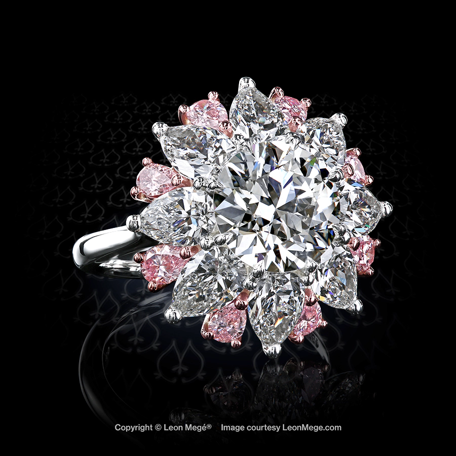 Leon Mege bespoke cluster ring with a round diamond surrounded by pink and white pear-shapes r7931
