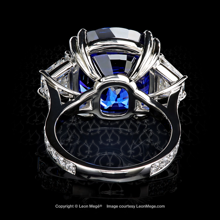 Leon Megé bespoke three-stone ring with a natural blue sapphire and diamonds in a hand-forged platinum setting r8595