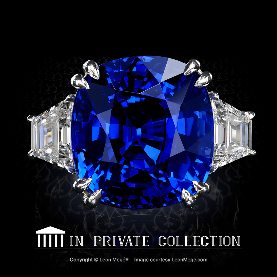 Leon Megé bespoke three-stone ring with a natural blue sapphire and diamonds in a hand-forged platinum setting r8595