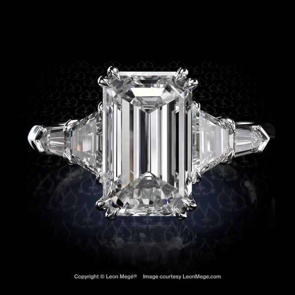 Leon Megé bespoke diamond five-stone ring with an emerald cut diamond and Balle Evassee trapezoids and bullets side stones r8676