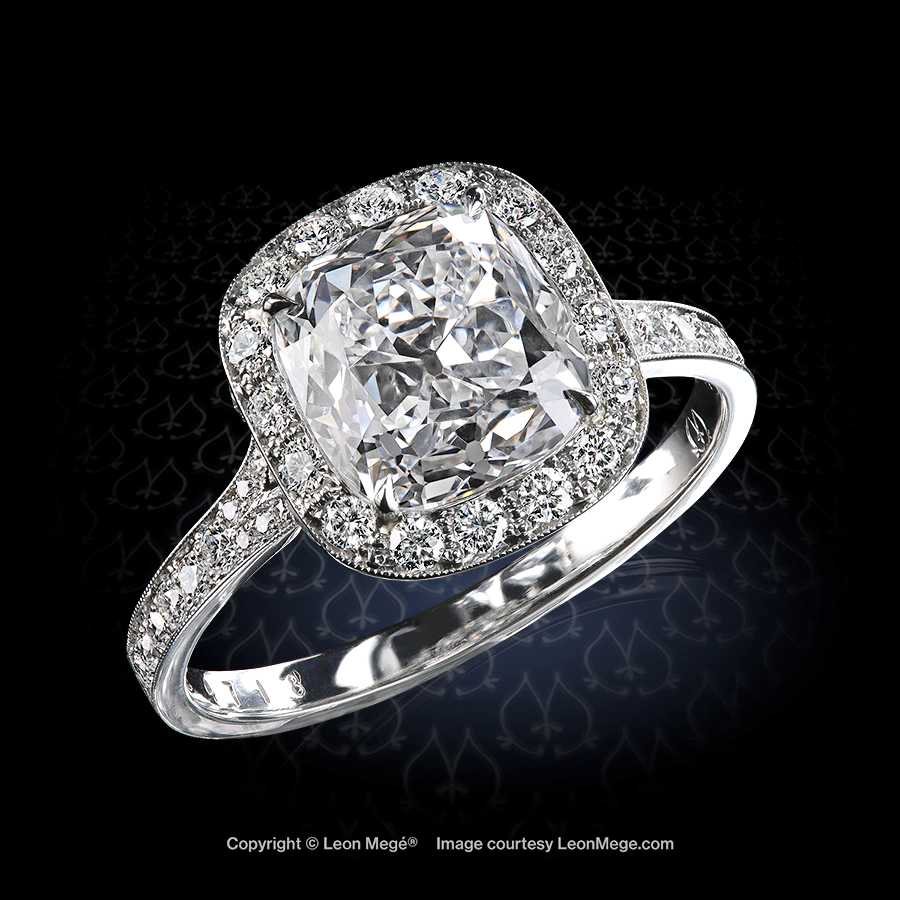 Leon Megé exclusive 611™ Cold Fusion™ platinum ring with True Antique™ cushion diamond r8708