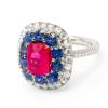 Leon Megé statement ring with a cushion Strawberry spinel in a cluster of natural blue sapphires and rose-cut diamonds in a bespoke mounting r7976