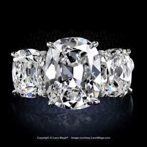 Leon Megé bespoke three-stone ring with True Antique™ cushion diamonds r8717