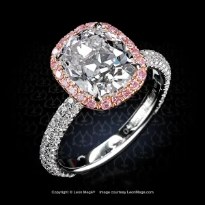 Leon Megé 813™ bespoke Halo Ring with a classic cushion diamond in fancy-pink diamond halo on a white shank r8452