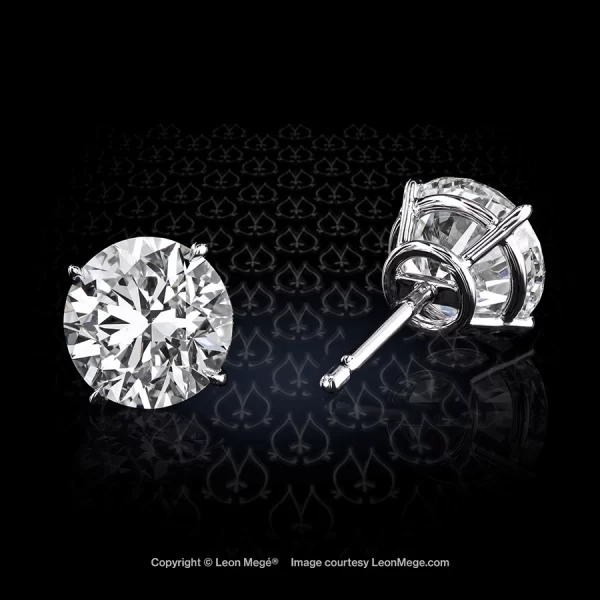 Leon Megé bespoke stud earrings with round diamonds in single claw prongs precision forged in Maestro's New York workshop e8238