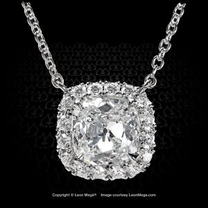 Leon Megé bespoke pendant with a True Antique™ cushion diamond in a halo of brilliant micro pave p8766