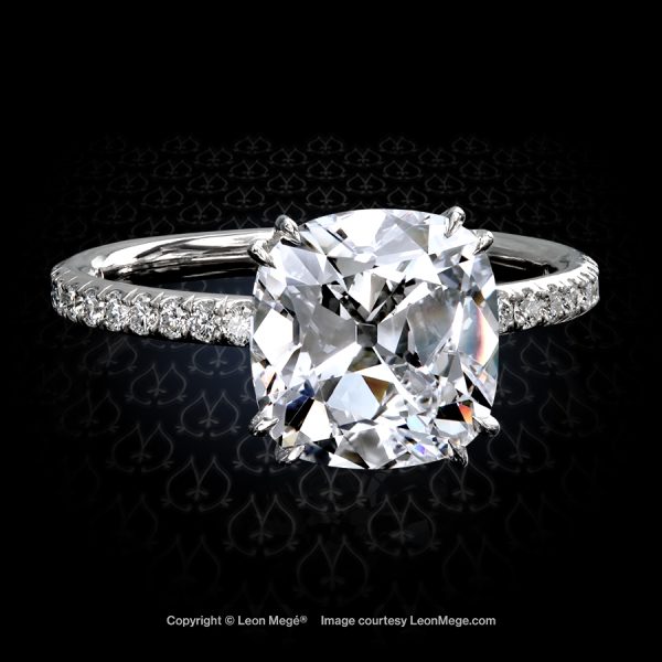 Leon Megé 401™ Solitaire Rachael™ with a massively gorgeous True Antique cushion diamond in platinum studded with micro pave r8807