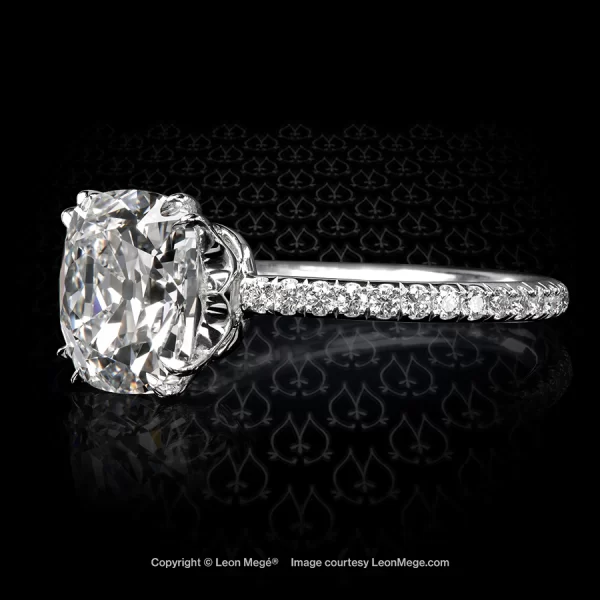 Leon Megé 401™ Solitaire Rachael™ with a massively gorgeous True Antique cushion diamond in platinum studded with micro pave r8807