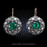 Leon Mege hand-pierced Art Deco style puffed earring drops with Colombian emeralds and natural diamonds in antiqued silver e8796