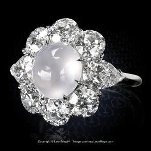 Leon Mege cluster ring with a natural ice jade cab and antique cut lab-grown diamonds in a bespoke platinum mounting r8905