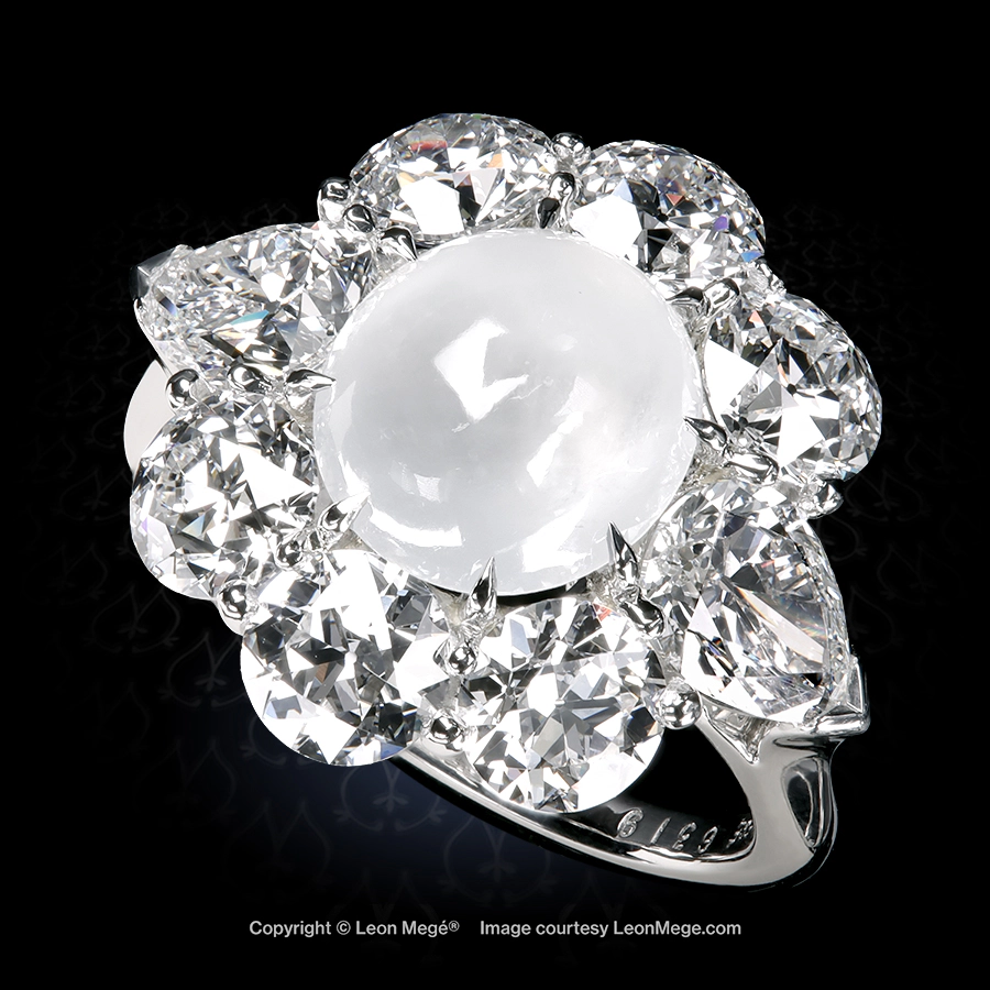 Leon Mege cluster ring with a natural ice jade cab and antique cut lab-grown diamonds in a bespoke platinum mounting r8905