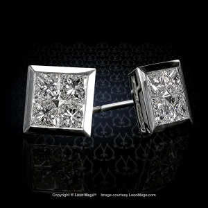 Leon Mégé stud earrings with natural princess cut in a square infinity bezel setting e8809