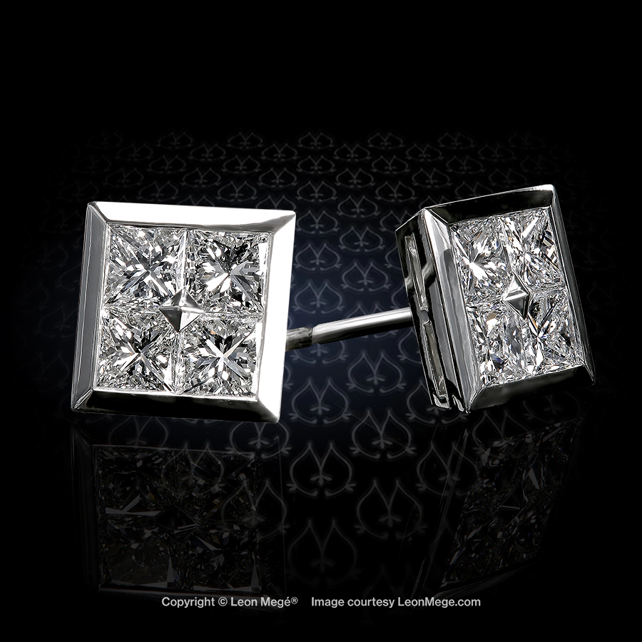 Leon Mégé stud earrings with natural princess cut in a square infinity bezel setting e8809