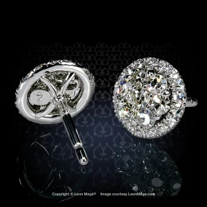 Leon Mégé platinum studs with a bombe-style diamond cluster encircled by a micro pave halo all set with natural single-cut diamonds e8926