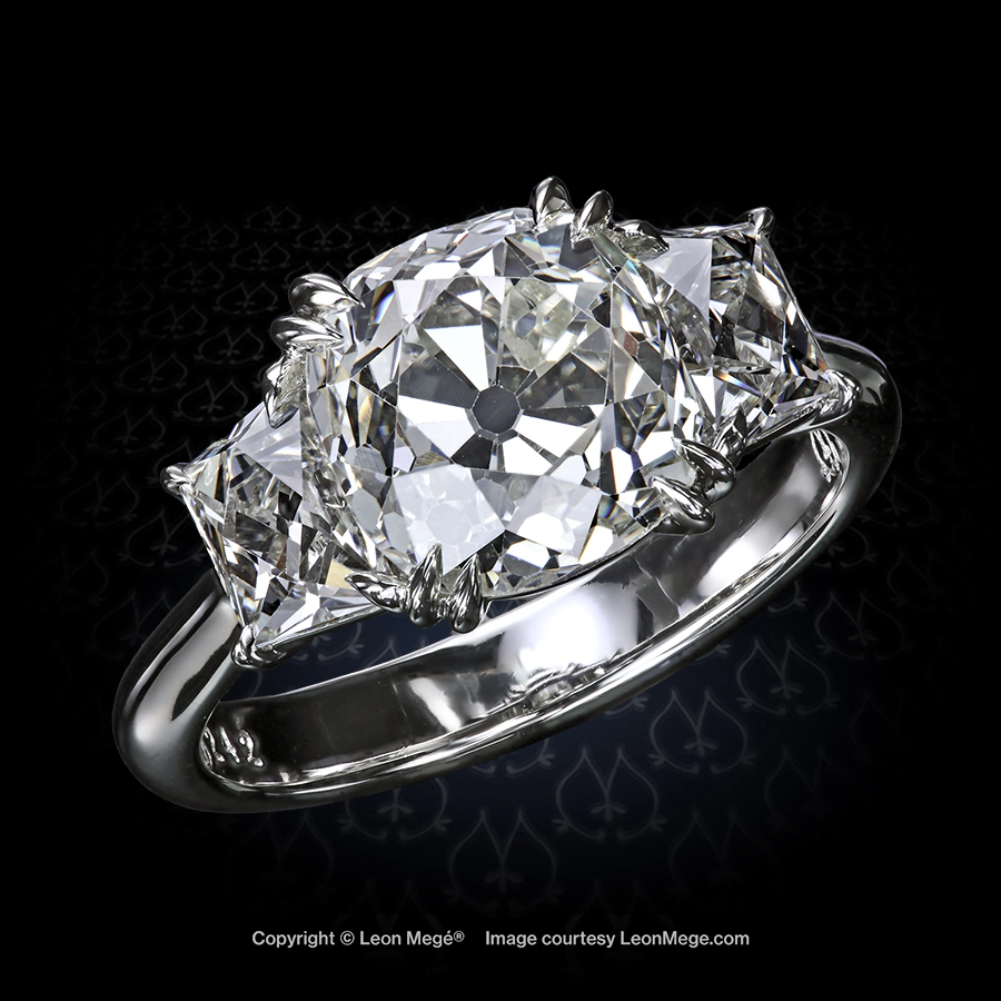 r7242_Ring_Diamond_Leon_Mege_New_York_watermark .3029394207098266012 Leon Megé Classic Three-stone Ring with True Antique cushion diamond and French cut trapezoids as side stones r7242