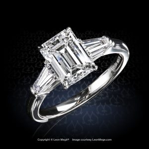 Leon Mege three-stone ring holding an emerald cut diamond and tapered baguettes in single claw prongs r8703