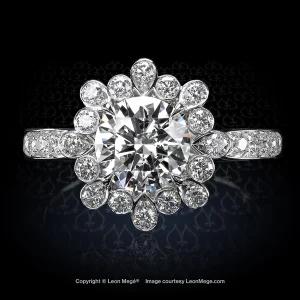 Leon Mege unusial floral halo round diamod platinum ring with bright-cut pave r8722
