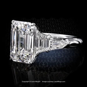Leon Megé's emerald-cut diamond five-stone ring with Balle Evassee side stone shoulders in a bespoke platinum structure r8797
