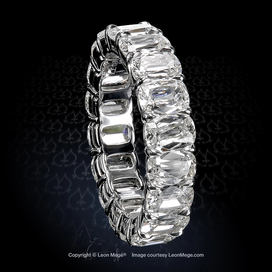Leon Mege unique eternity wedding band with elongated antique cushion diamonds in a shared prong band r8928