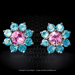 Leon Megé Custom Studs Earrings with natural pink sapphires and electric-blue natural Brazilian Paraiba tourmalines e8924