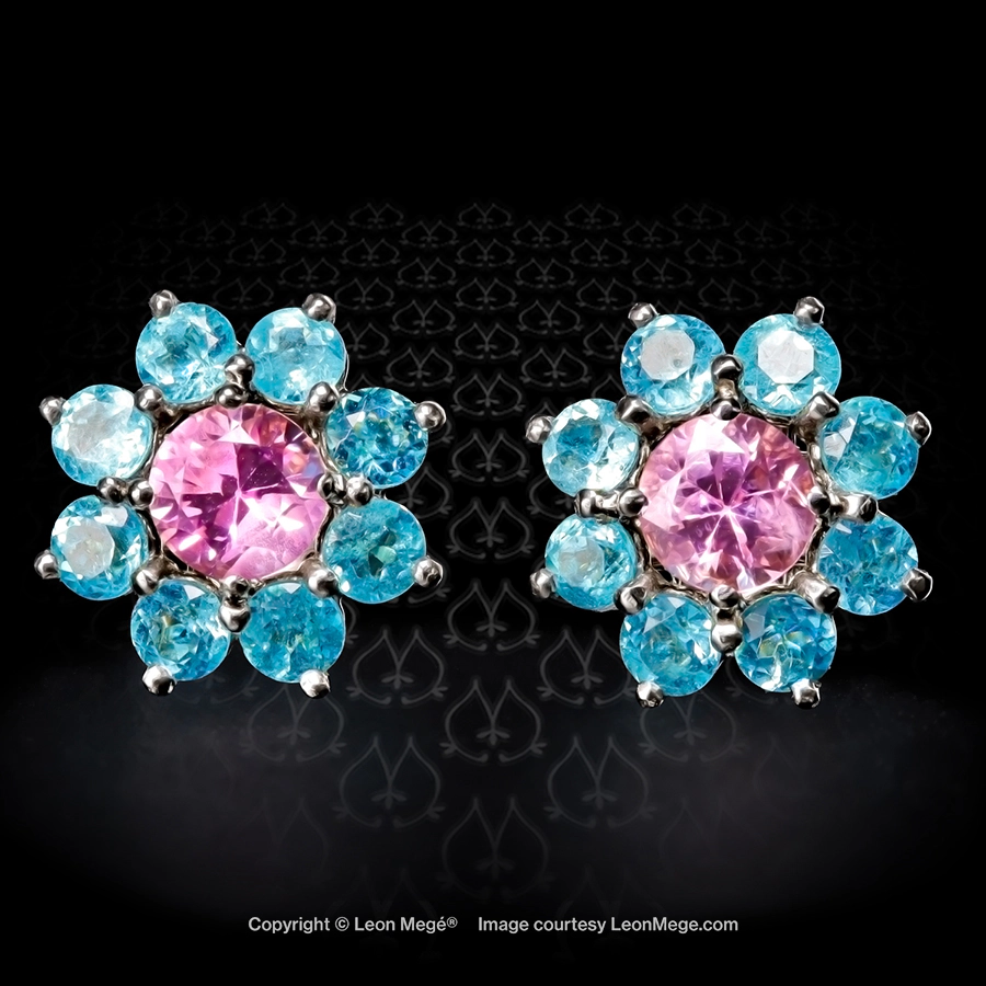 Leon Megé Custom Studs Earrings with natural pink sapphires and electric-blue natural Brazilian Paraiba tourmalines e8924