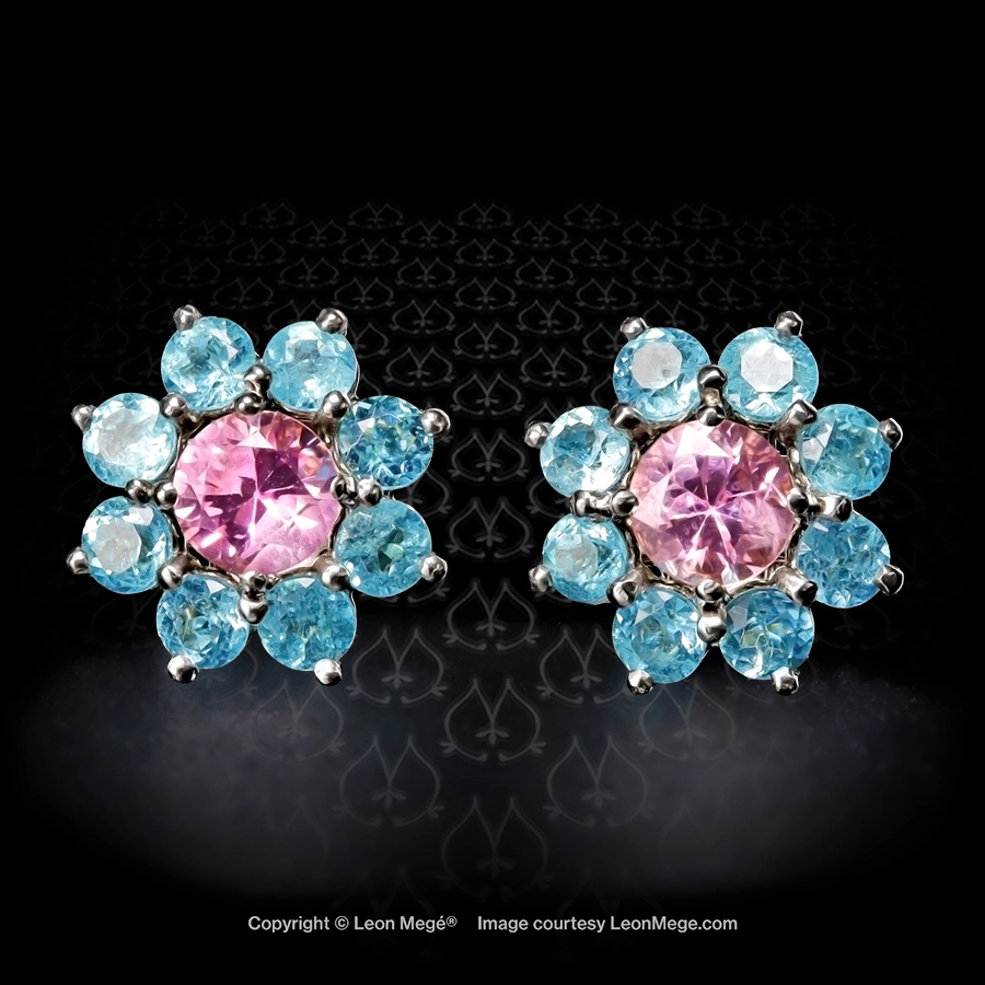 Leon Megé Custom Studs Earrings with natural pink sapphires and electric-blue natural Brazilian Paraiba tourmalines e8924