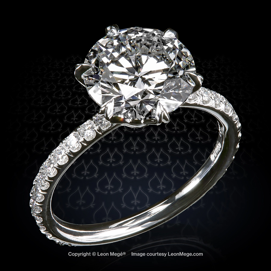 Leon Megé Tulip™ Solitaire with 3-carat-ideal-cut-round-diamonds in all-platinum mounting with micro pave diamonds on the shamk r8919