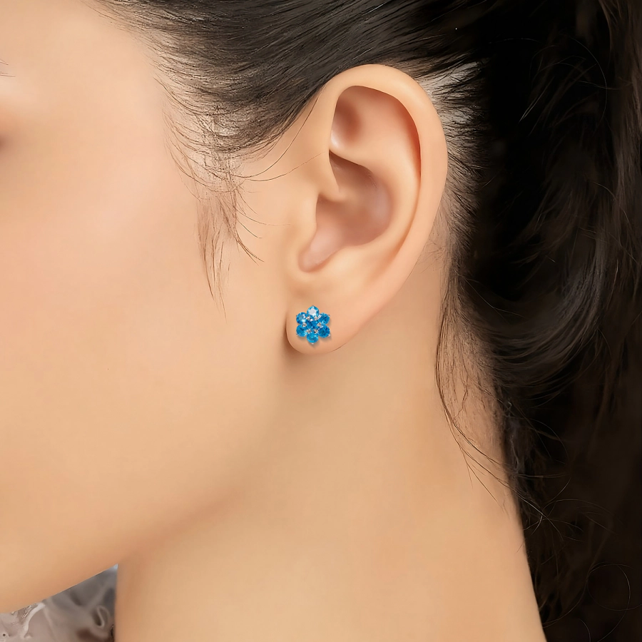 Leon Megé bespoke platinum cluster Studs with deep-blue precious gem apatites - poor man's Paraiba e8927