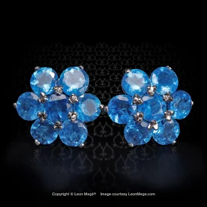 Leon Megé bespoke platinum cluster Studs with deep-blue precious gem apatites - poor man's Paraiba e8927