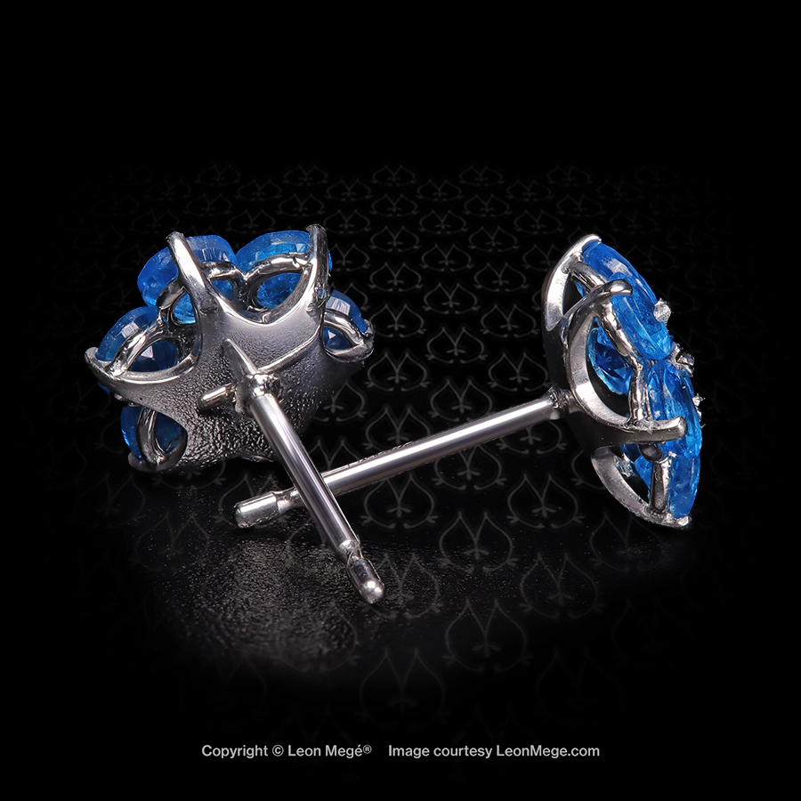 Leon Megé bespoke platinum cluster Studs with deep-blue precious gem apatites - poor man's Paraiba e8927