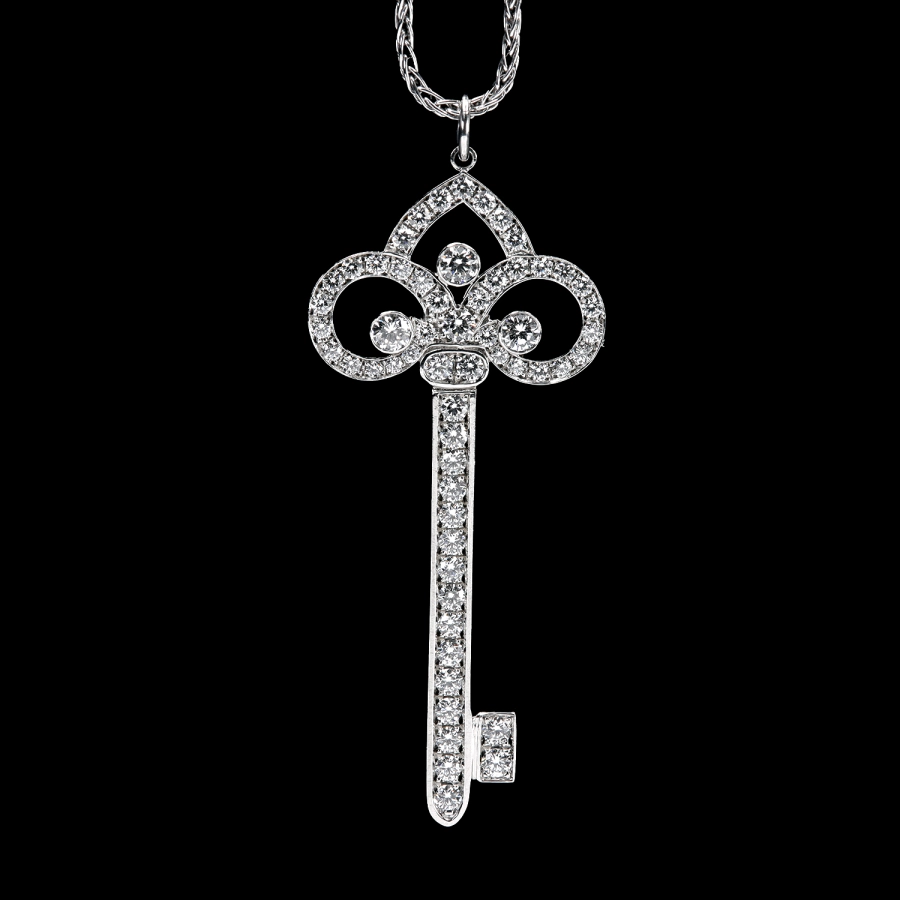 Leon Mege Skeleton Key Amulet Pendant in platinum with diamonds on a platinum wheat chain p4154